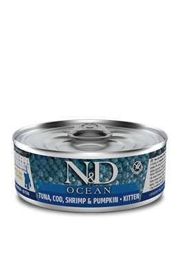 N&D Ocean Balkabağı, Ton Balığı, Morina Balığı ve Karidesli 80 gr Tahılsız Yavru Kedi Konservesi